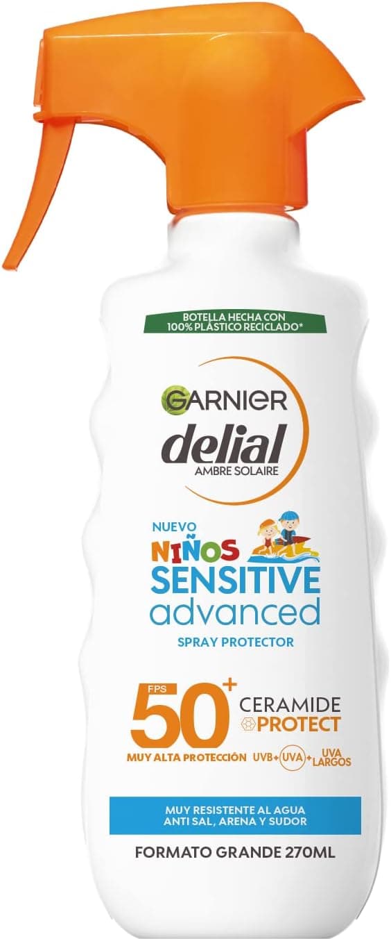 GARNIER DELIAL Pistola solar muito alta proteção FPS50 crianças para peles sensíveis e resistente à água, areia, sal e cloro 270 ml