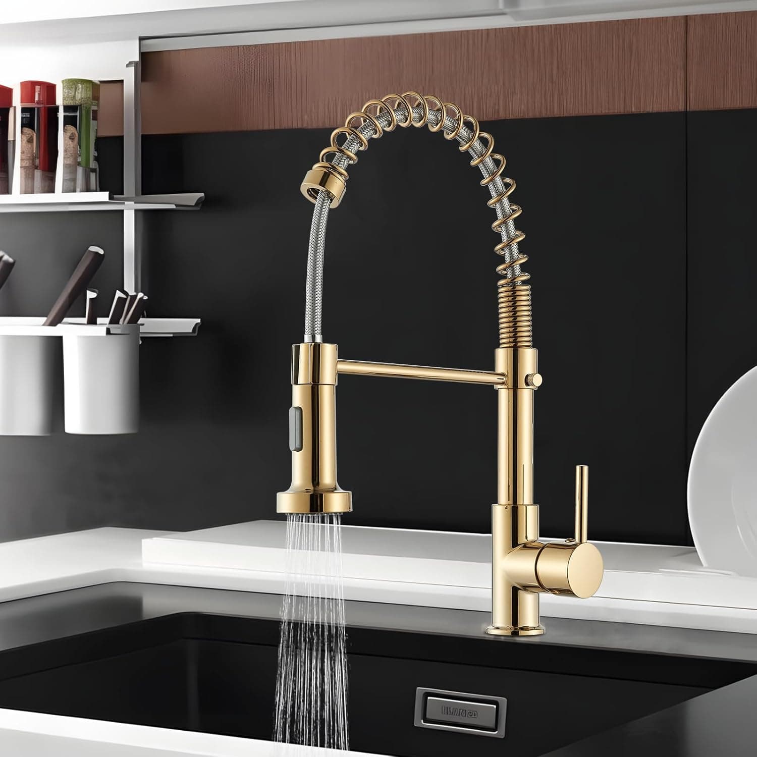 Cesinkin Torneira de cozinha dourada 360° torneiras de cozinha com 2 modos de pulverização misturador cozinha mono comando lava-louças frio e quente disponível