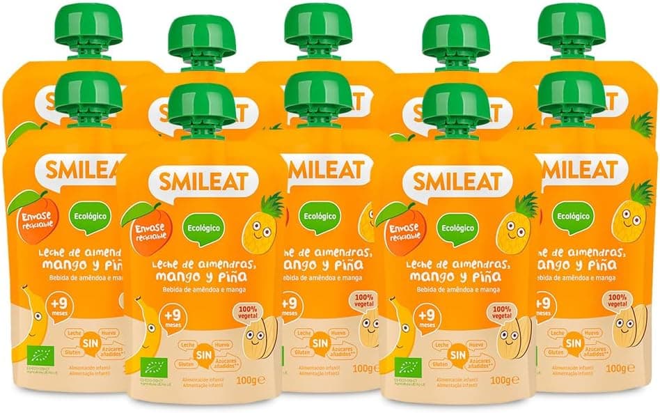 Smileat Pacote de 10 Pouch de frutas ecológicas, sem sal ou açúcar adicionado, sem glúten - Snack prático para pequenos - sabor de leite de amêndoas, manga e ananás