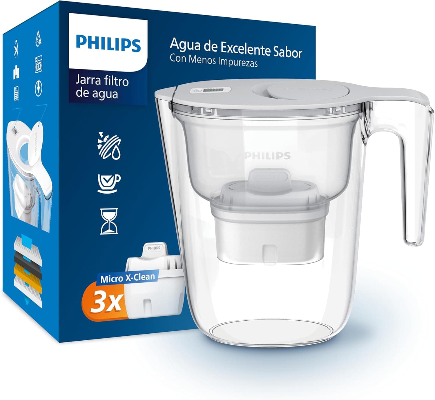 Filtro de jarro Philips + 3 cartuchos de filtro de substituição micro X-Clean, fluxo rápido, branco, 2,6 litros, temporizador eletrónico