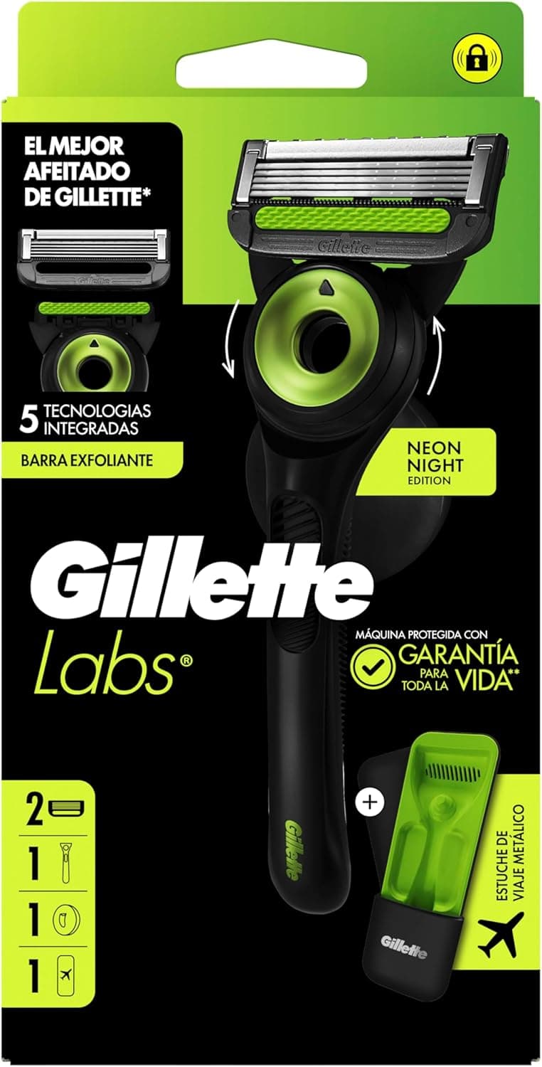 Gillette Labs Máquina de barbear Neon Night Edition, 1 cabo com barra de esfoliação integrada, 2 lâminas de substituição com faixa de lubrificante, 1 estojo de viagem, 1 cabide de parede