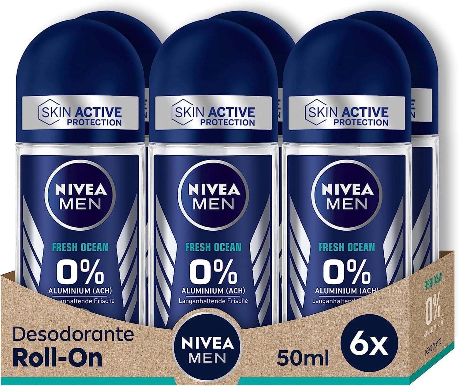 NIVEA MEN Fresh Ocean Deo Roll-On (6 x 50 ml), desodorizante sem alumínio (ACH) com 48 horas de proteção contra o odor corporal - fragrância refrescante