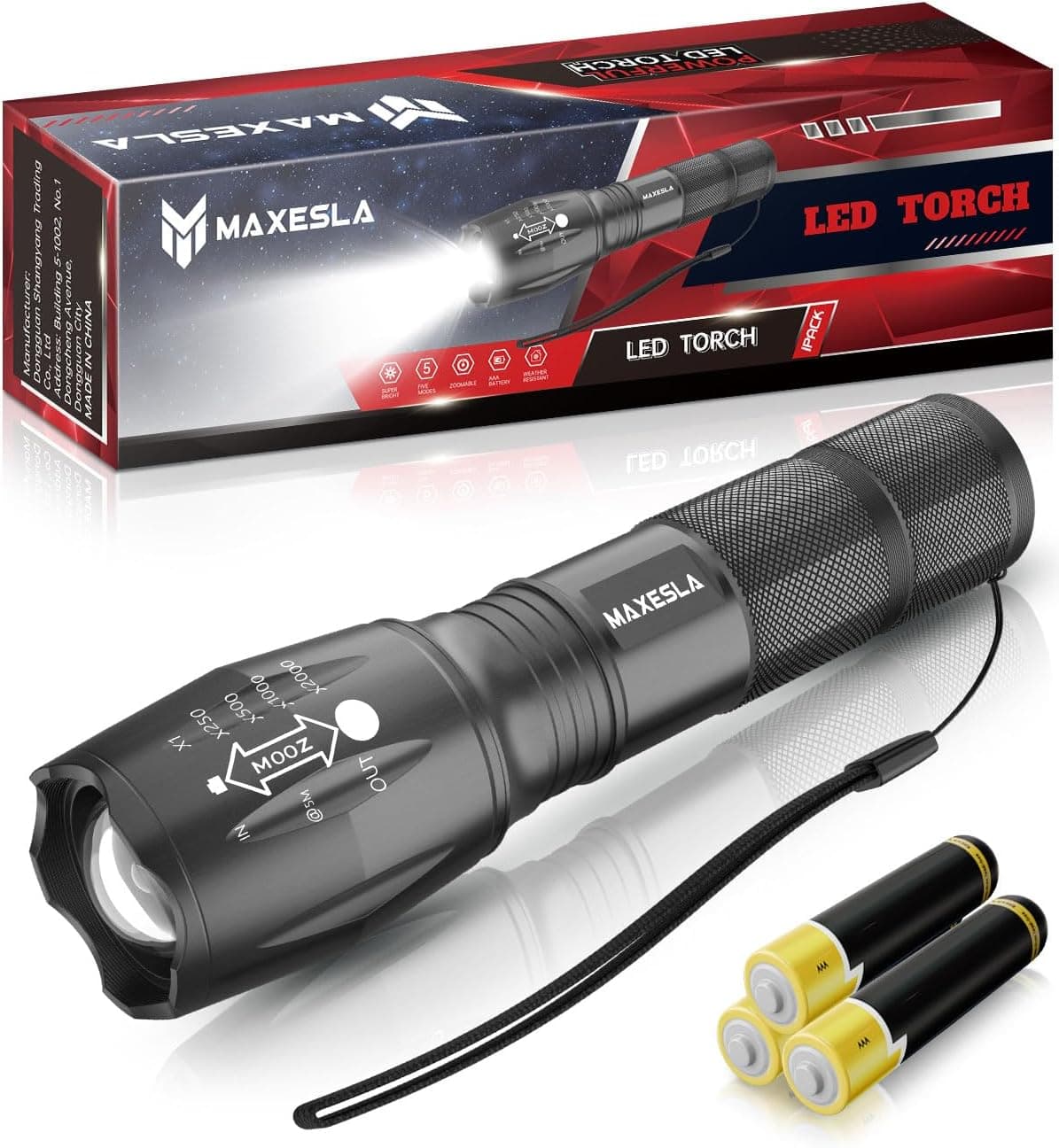 Maxesla Lanterna LED 2000 lúmenes, com zoom, lanterna LED super brilhante, bateria potente, resistente à água, mini lanterna tática, campismo ao ar livre, 3 pilhas AAA