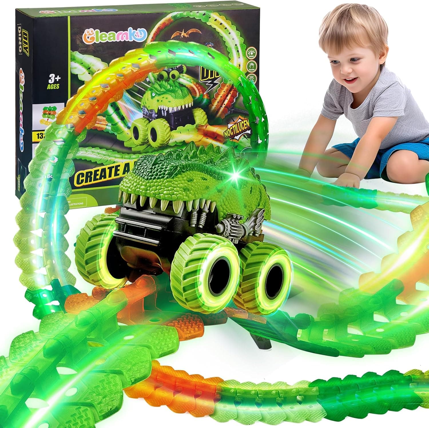 GleamKid Circuito carros de brinquedos para crianças, circuito carros crianças com 154 peças pista de carros para crianças luminosa, para meninos, meninas e meninos, presentes de aniversário