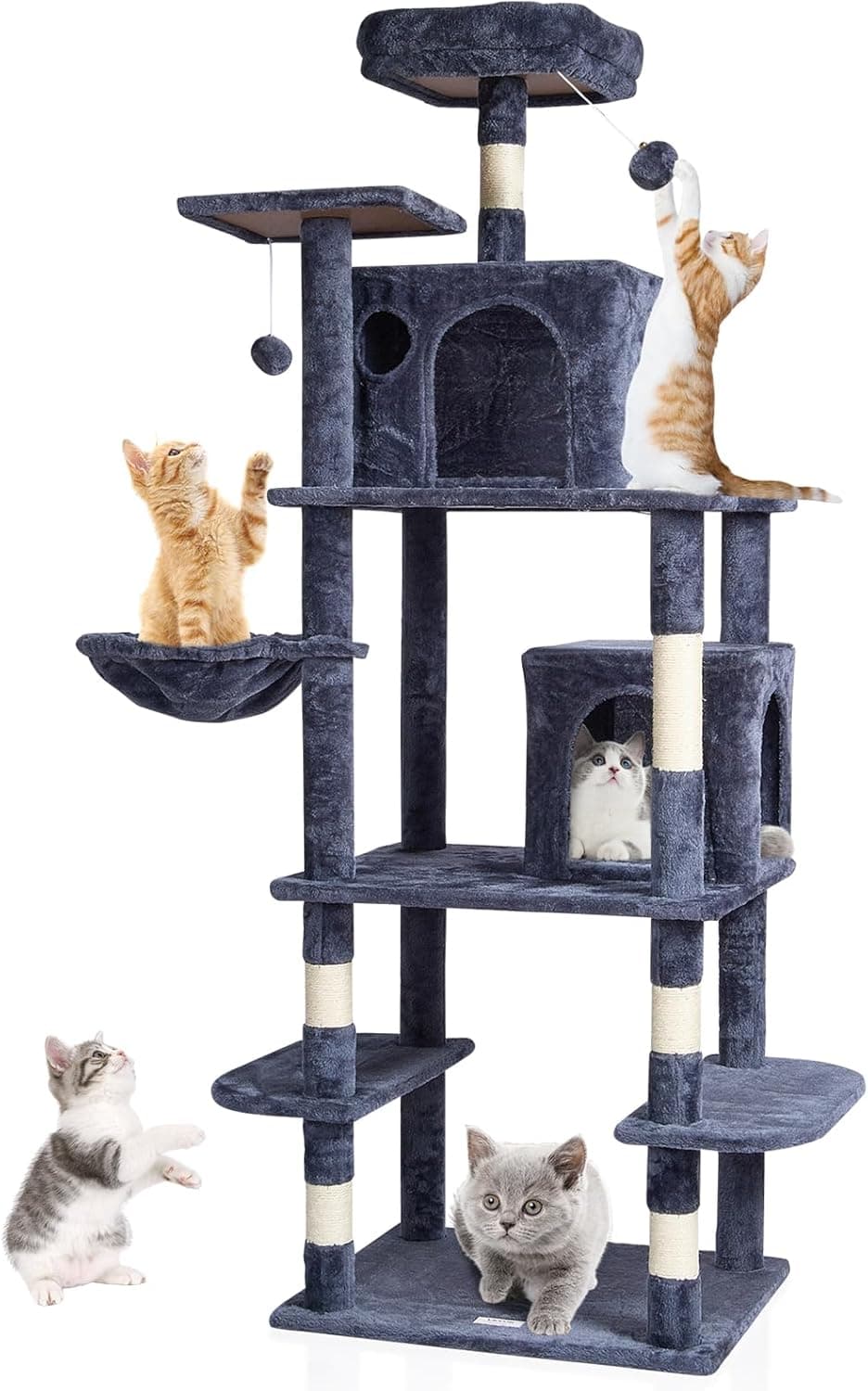VEVOR Árvore para gatos 174 cm torre de escalada para gatos com raspador de sisal 2 casotas rede cabide superior plataformas de salto bolas pendentes para atividade no interior, cinzento escuro