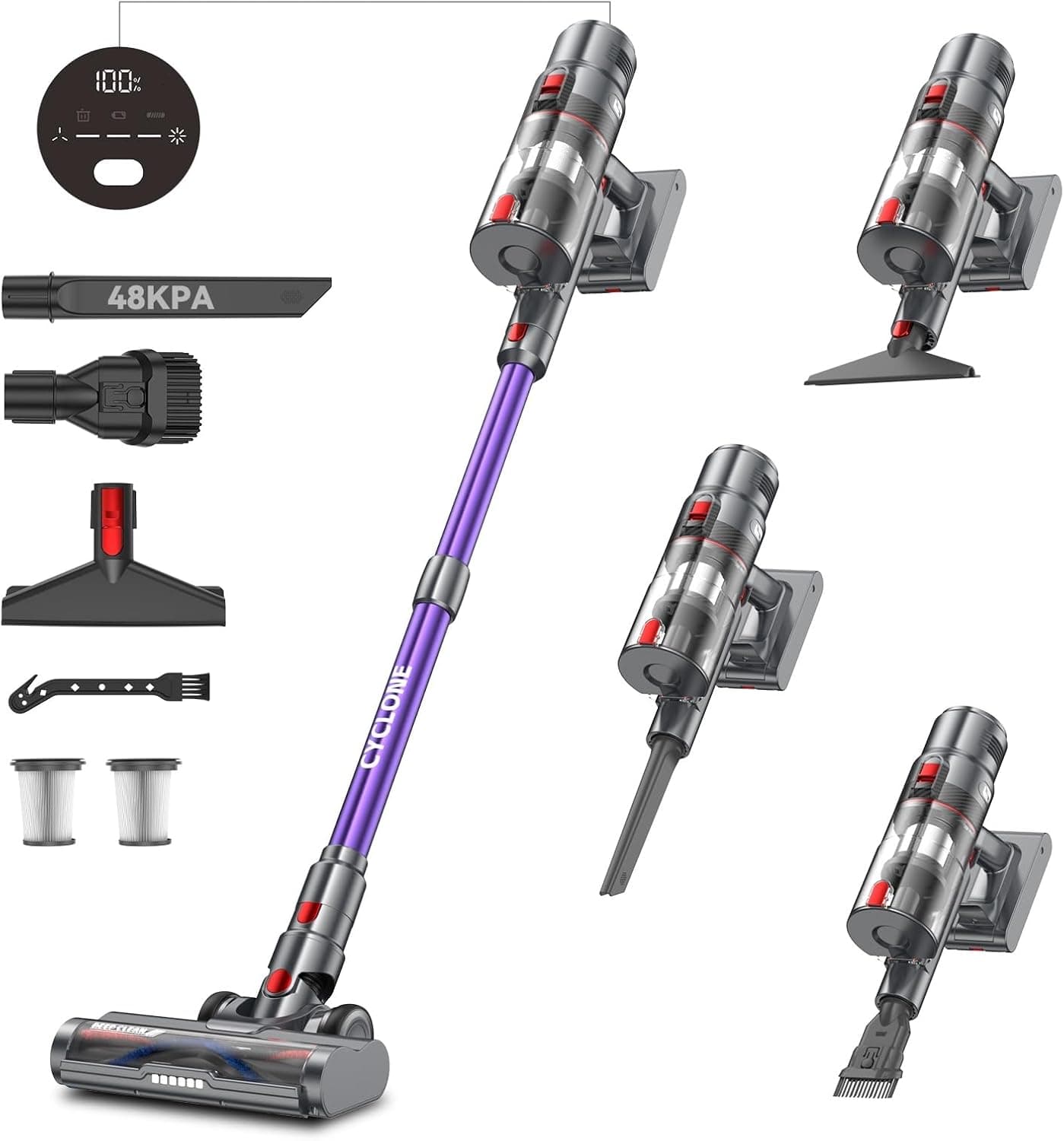 aujun J10 Aspirador sem cabo 48 Kpa/580 W/70 Mins, aspirador vassoura sem cabo potente, 1,5 l, baixo ruído, aspirador sem fios anti-embaraçado para pavimentos/tapetes / pêlos de animais
