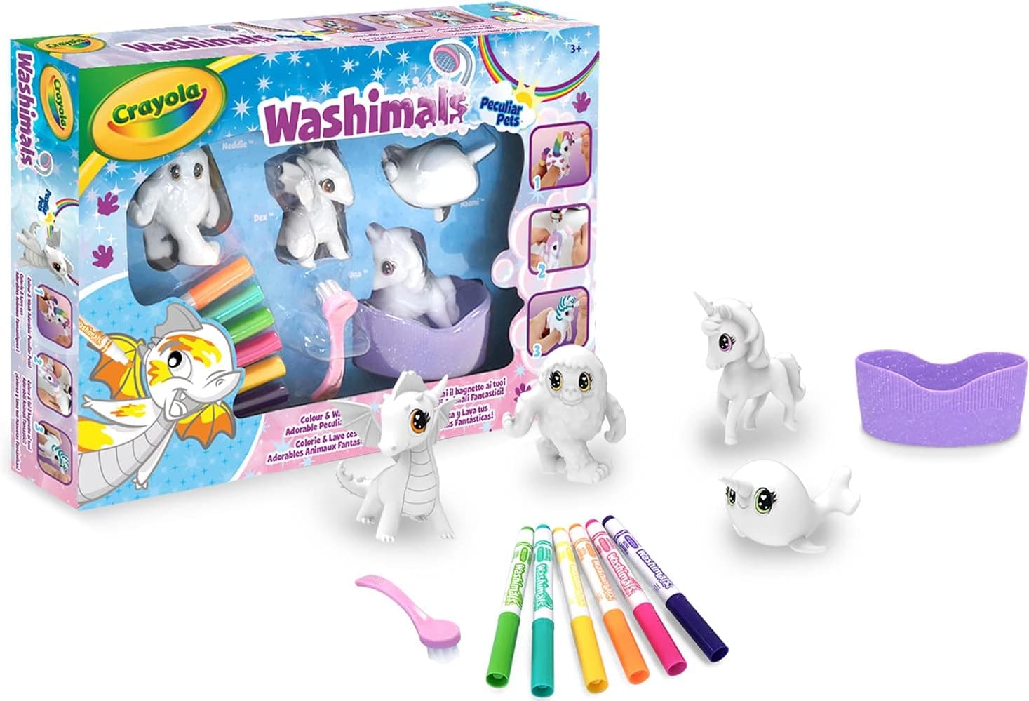 CRAYOLA Washimals - Playset Peculiar, pintar e lavar, dragão e unicórnio, conjunto de atividade cor e lavagem com 4 cachorros com banheira, ideal como presente, idade recomendada: a partir de 3 anos