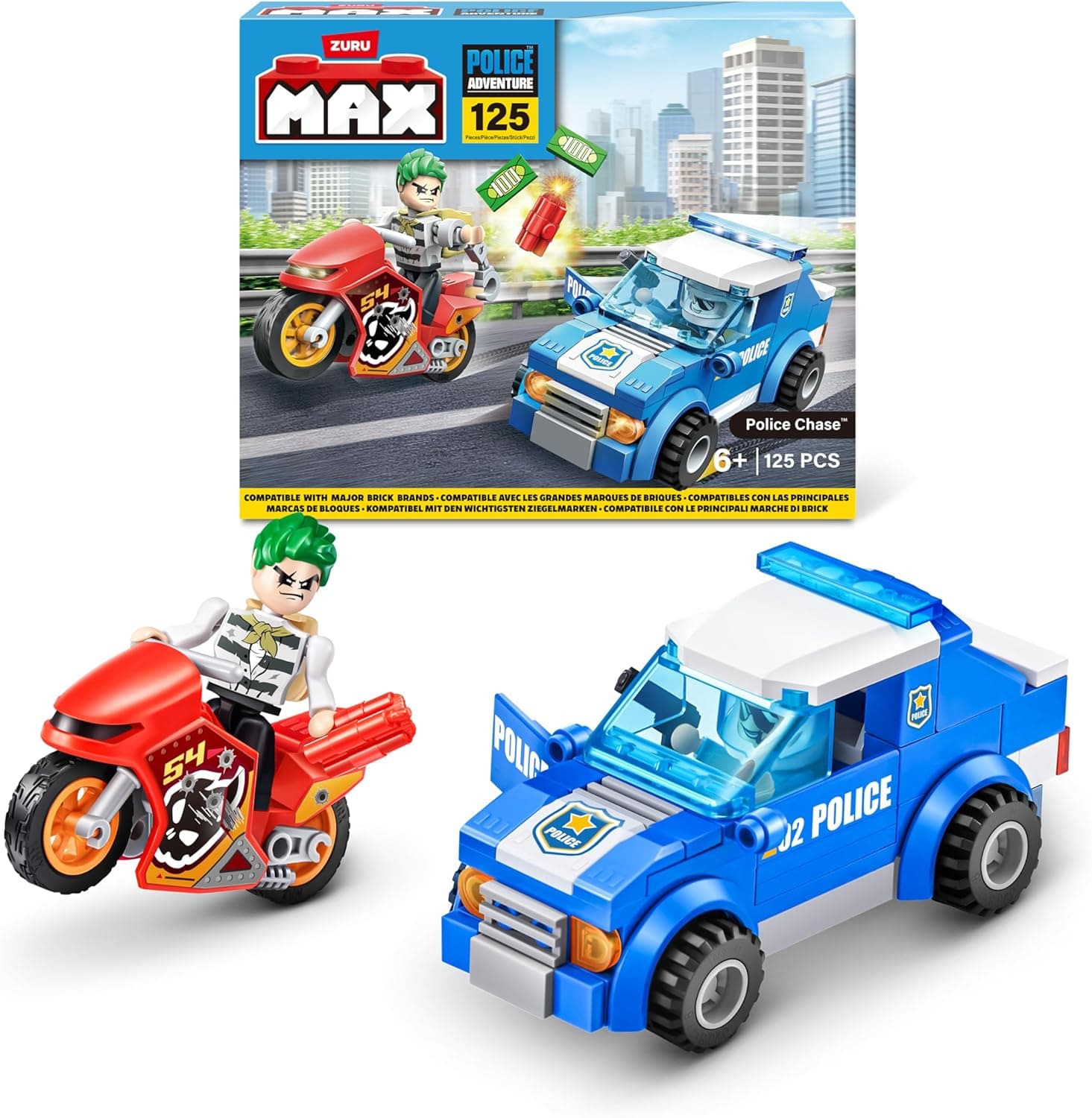 MAX Adventure Perseguição policial (125 peças) brinquedos de blocos de construção para crianças com mais de 5 anos crie veículos e mais aberto descubra