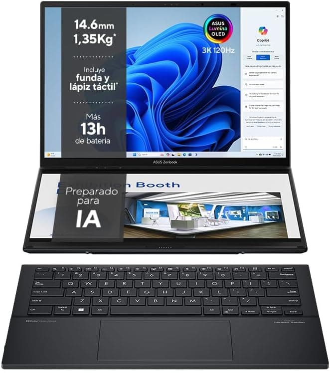 ASUS Zenbook Duo OLED UX8406CA-QL078W Computador portátil de 14" WUXGA 120Hz (Intel Core Ultra 9 285H, 32 GB RAM, 1TB SSD, ARC 140T, Windows 11 Home), cinzento basalto - teclado QWERTY espanhol