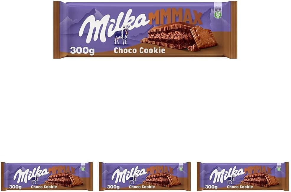 Milka MMMAX Choco cookie tablet grande de chocolate com leite dos alpes com camada de bolachas de cacau e camada dupla de enchimento de creme cacau 300 g (embalagem de 4)