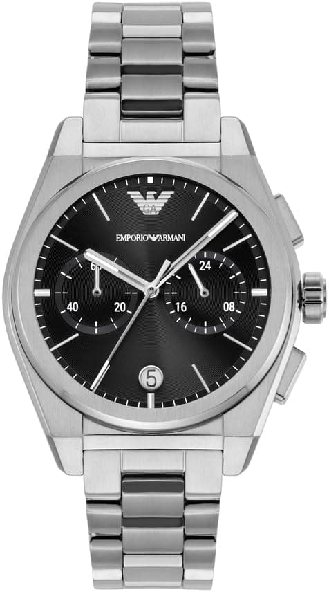 Relógio masculino Emporio Armani, movimento cronógrafo com 2 submostradores e caixa de 43 mm com pulseira de aço, couro ou silicone