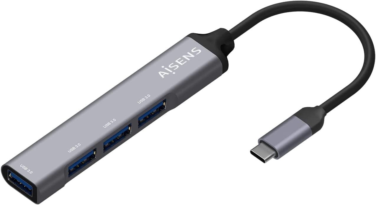 AISENS - A109-0541 - HUB USB 3.1 USB-C alumínio, USB-C/M-4xtipo A/H, cinzento, 10 cm