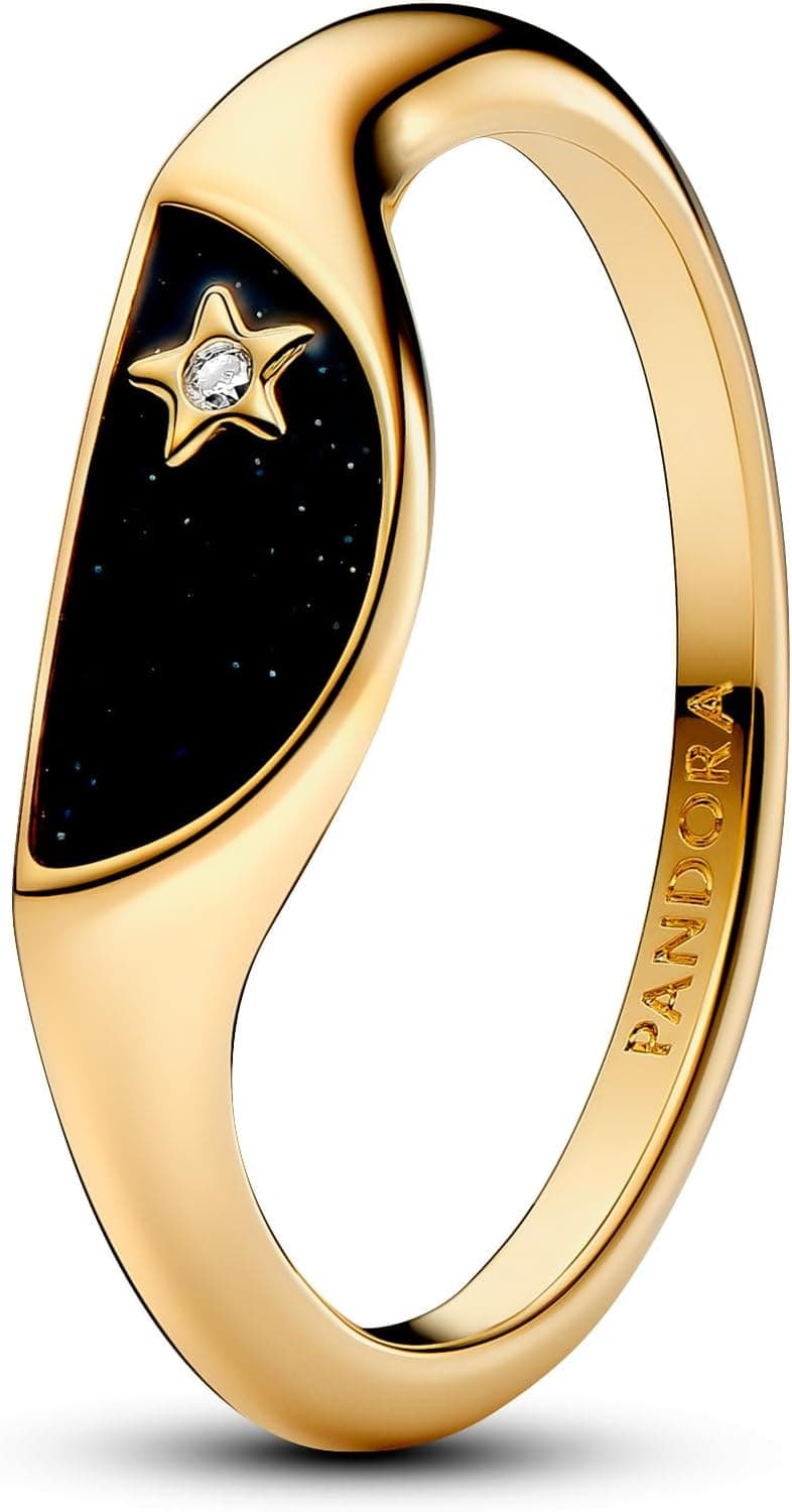 PANDORA ME Anel de selo dividido banhado a ouro de 14 quilates com zircónia cúbica transparente e esmalte preto brilhante