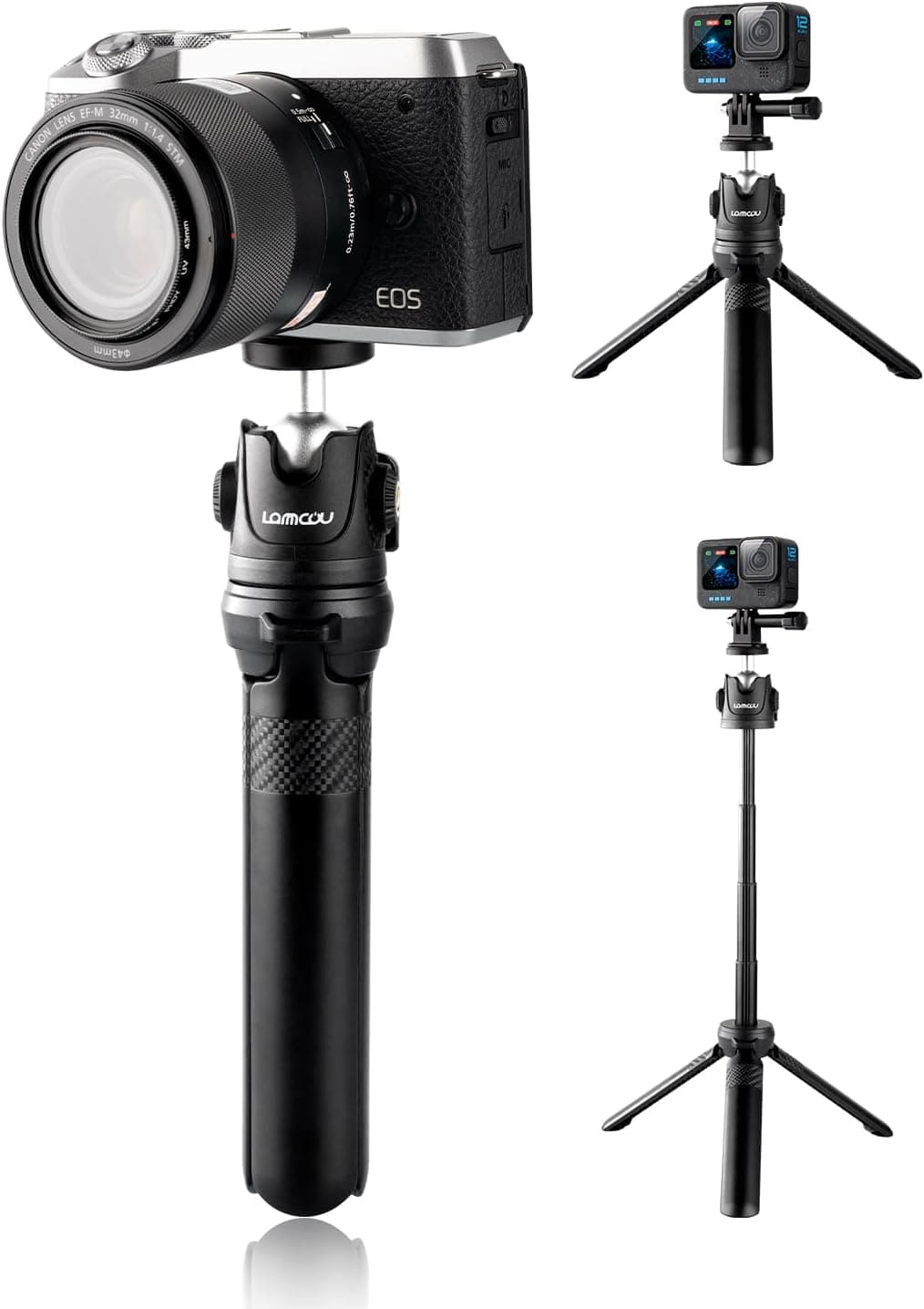 Lammcou Tripé de câmara compacto, mini tripé de viagem portátil com adaptador Actioncam, Vlogging Tripé pequeno com haste de extensão de 23 cm para g7x Mark II rx100 IV alfa 6000 herói 13 12