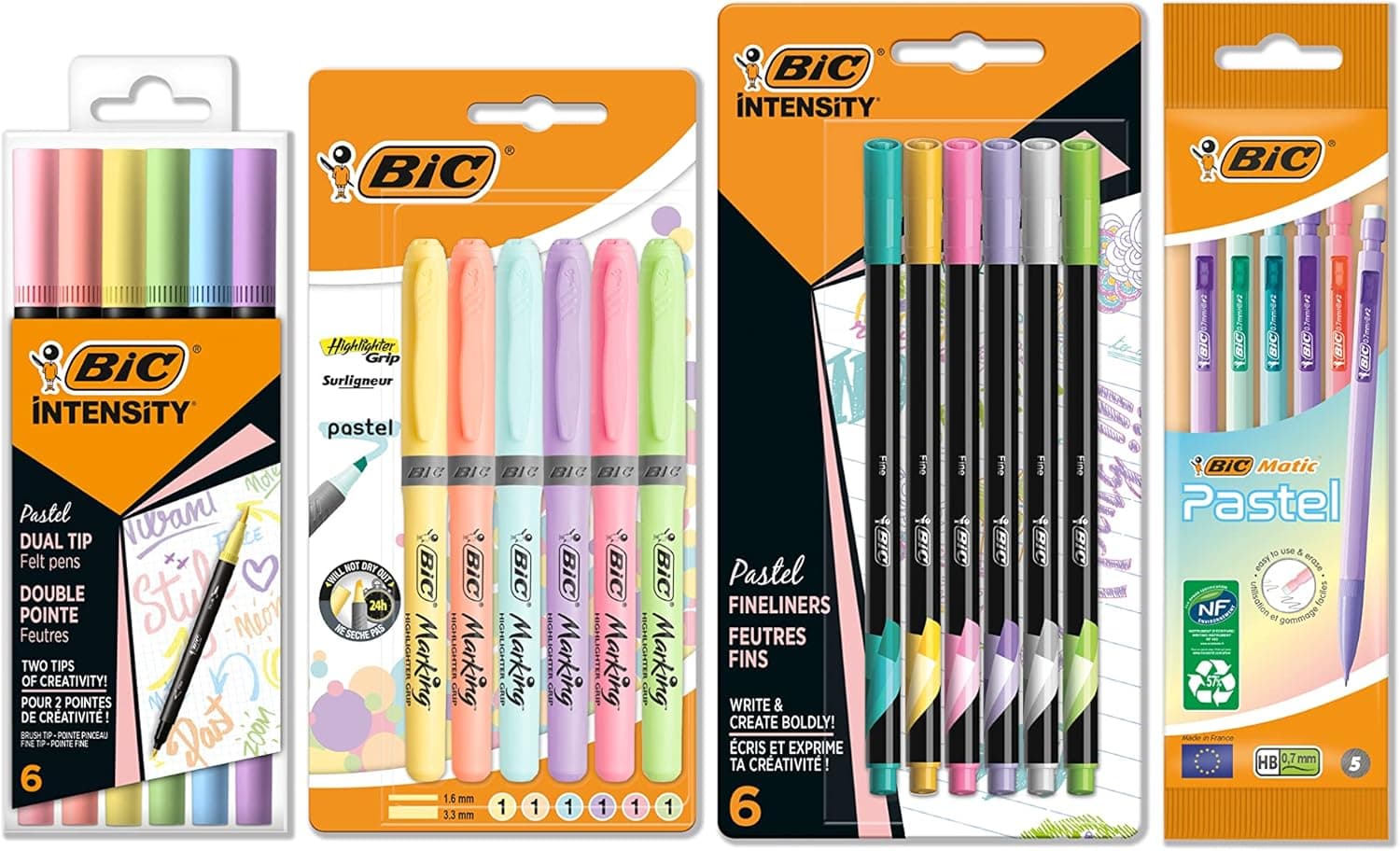 BIC Conjunto de mesa de pastel com marcadores, portáteis, destacadores e marcadores de ponta fina, tinta e corpo de cores pastel sortidos, conjunto de 23