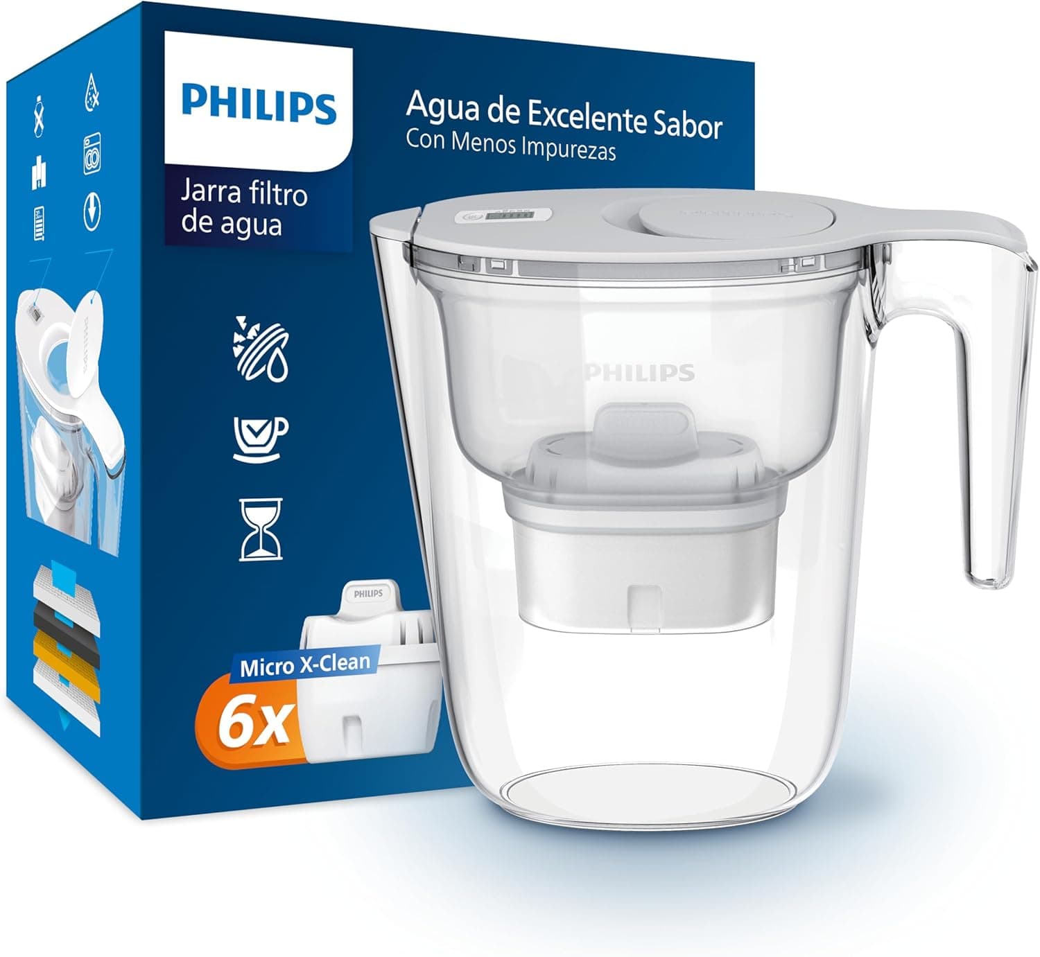 Philips Filtro de jarro + 6 cartuchos de filtro de substituição micro X-Clean, fluxo rápido, branco, 2,6 litros, temporizador eletrónico