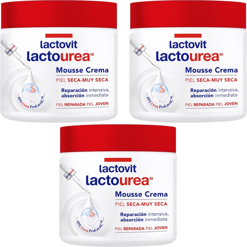 Lactovit - Mousse Crème hidratante lactourea para corpo e rosto de 24 horas hidratação, para peles secas e muito secas, reparação intensa da pele, absorção imediata e toque sedoso - 400 ml x 3