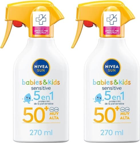 NIVEA SUN Babies & Kids Sensitive - Spray FP50+ - Protetor solar para crianças, proteção UVA/UVB - resistente à água, creme para bebés e crianças, pele sensível desde 6 meses - 270 ml x 2