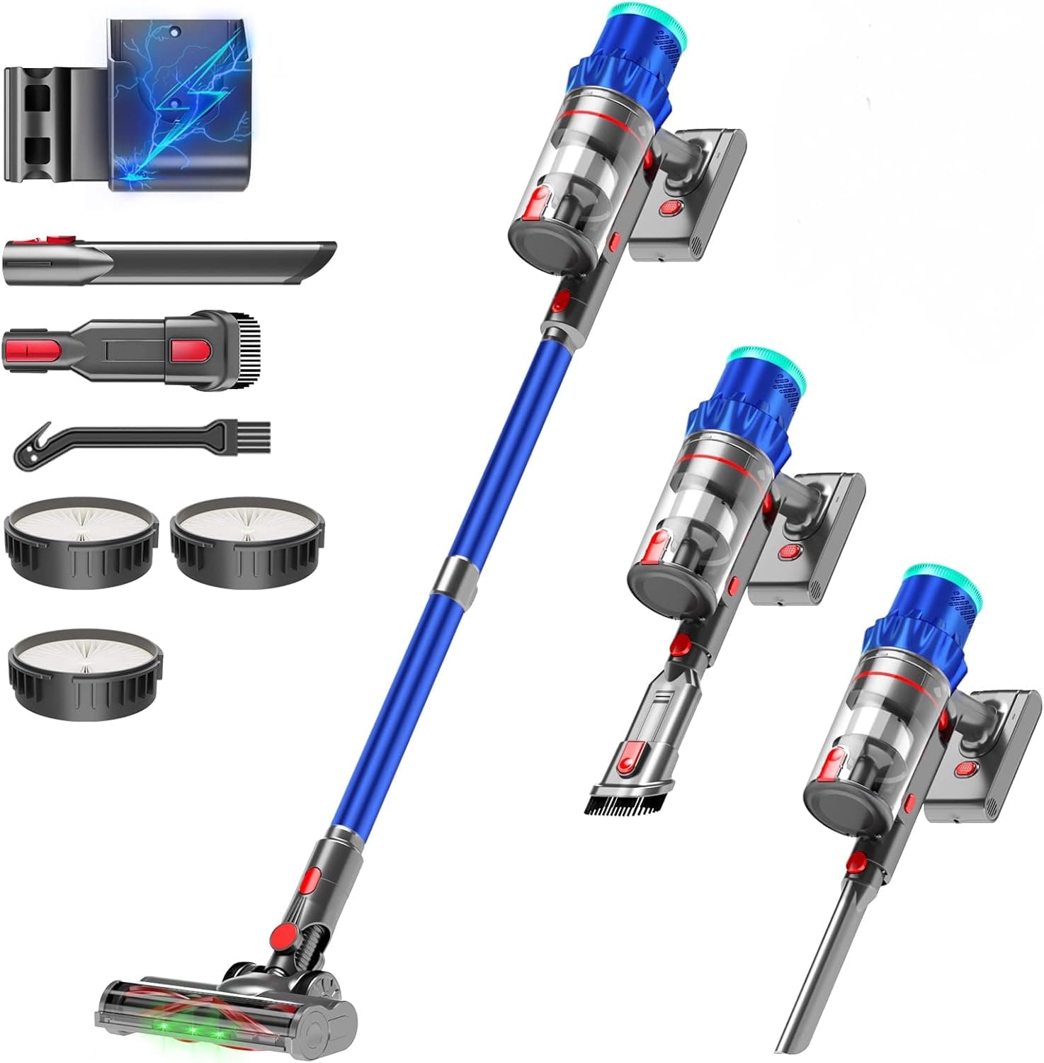 PINICO Aspirador sem fios com bateria, 48000 Pa/550 W/60 mins, aspirador com bateria com escova anti-emaranhado e ecrã LED, bateria removível, para pisos duros, tapetes de pelo de animais