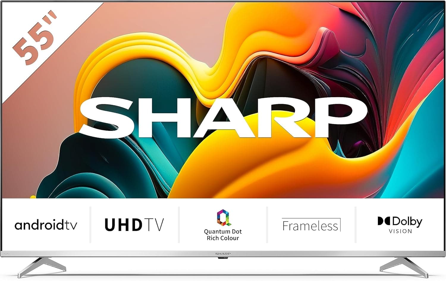 Sharp 55FP6EA - TV Android QLED de 55", sem moldura, 4K Ultra HD, 4X HDMI 2.1, 3X USB, Bluetooth), Google Assistant, Chromecast, Dolby Vision, HDR10, DTS Virtual X, cor prateada