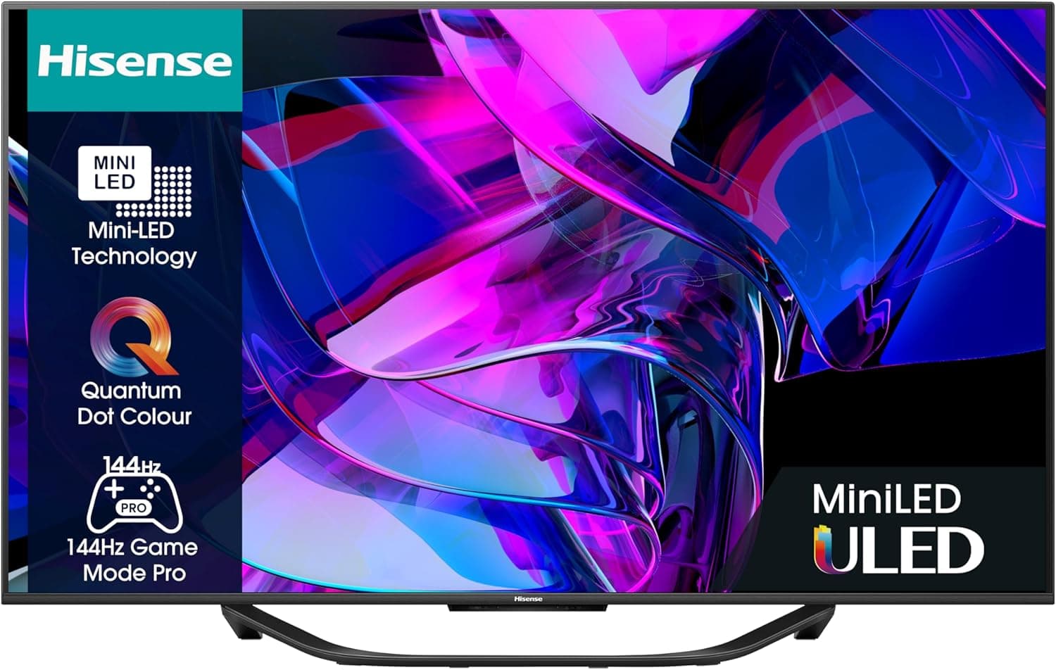 Hisense TV 55U7KQ Mini-LED Smart TV de 55 polegadas televisor, Quantum Dot Colour, modo de jogo de 144 Hz, Full Array Local Dimming, Dolby Vision IQ e Dolby Atmos, VIDAA 7 OS