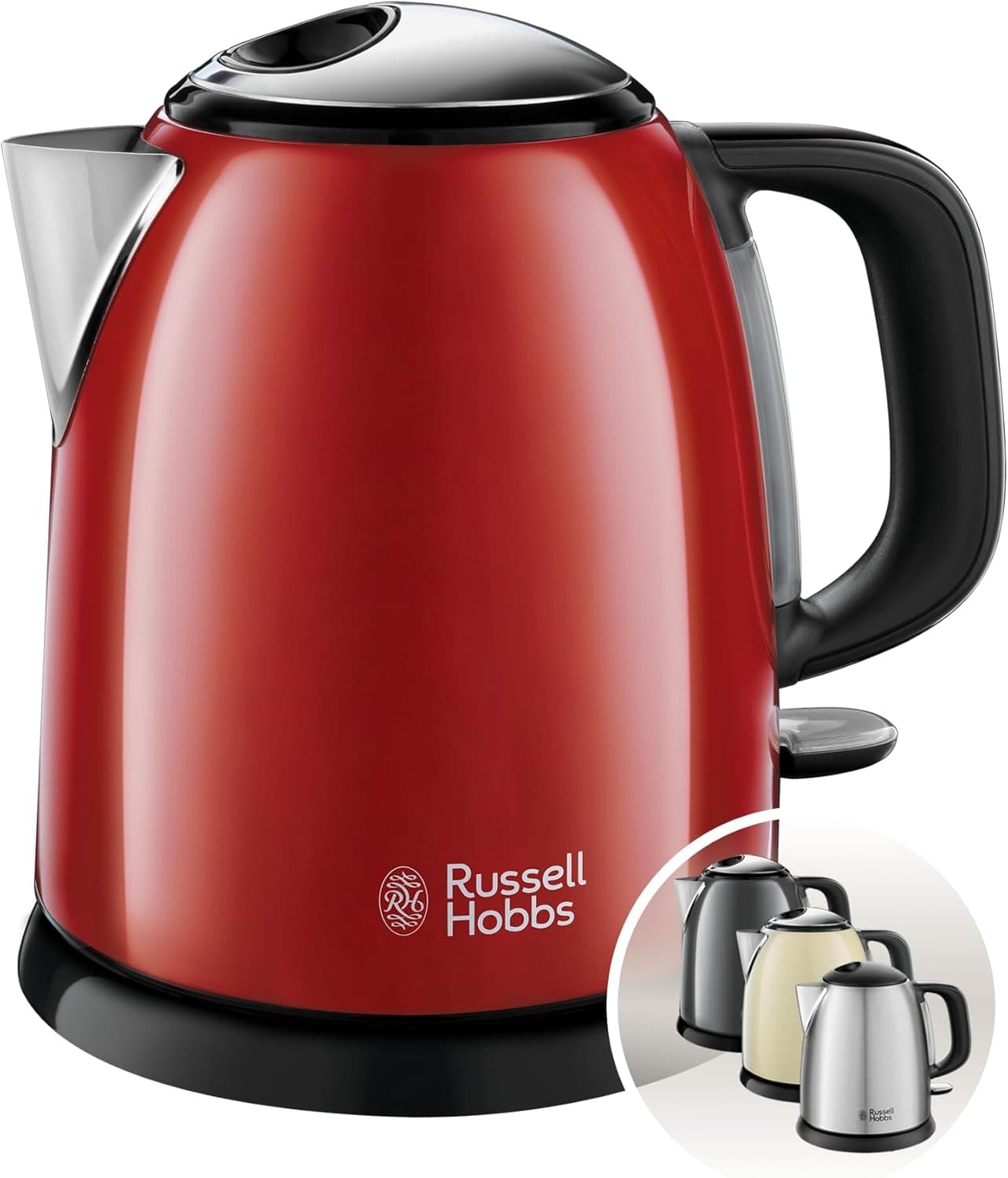 Russell Hobbs Chaleira de água elétrica Colours Plus, 1 litro, chaleira pequena, 2400 W, filtro removível, área de ebullição rápida, base de 360°, indicador nível de água, inoxidável, vermelho 