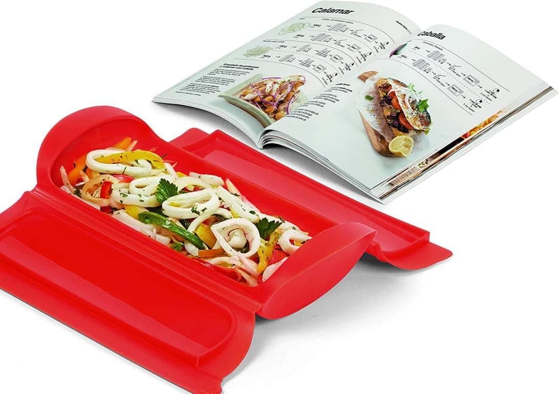 Conjunto Lékué Estojo de Vapor, 1-2 pessoas + Livro de Receitas "Guia Indispensável" + Bandeja, Silicone de Platina Vermelho, 600 ml