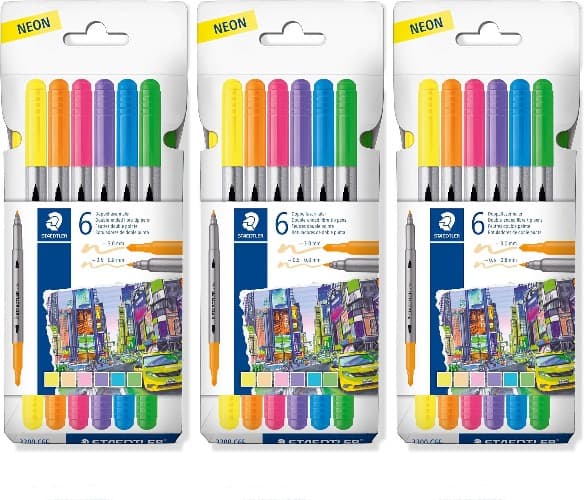 STAEDTLER 3200 Dual Fiber | Conjunto de 6 marcadores de duas pontas em cores neon sortidas