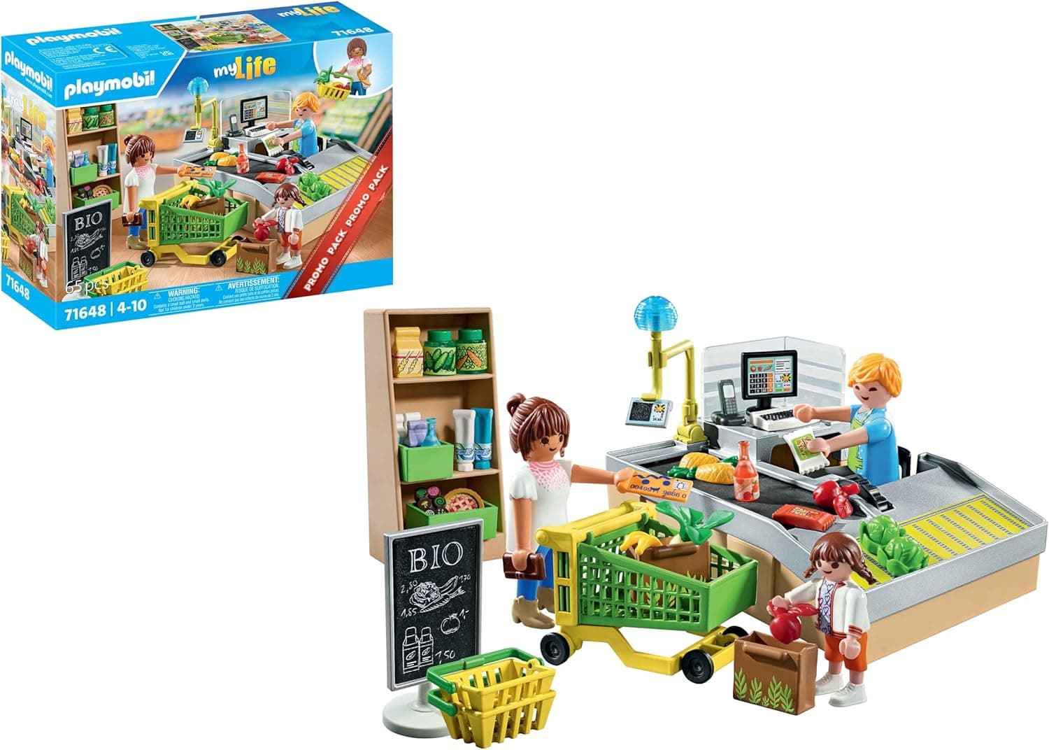 PLAYMOBIL MyLife 71648 | Supermercado ecológico de brincar com caixa registadora, carrinho de compras e 3 figuras, para crianças a partir dos 4 anos