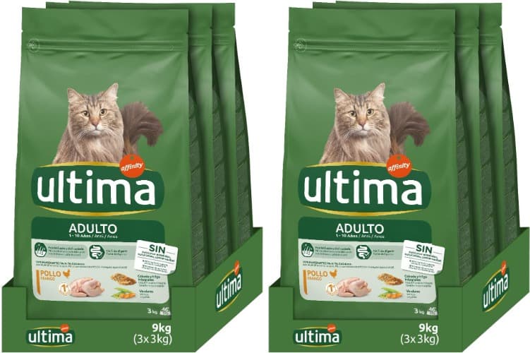 Ultima Frango adulto, comida seca para gatos, embalagem de 3 x 3 kg, total 9 kg