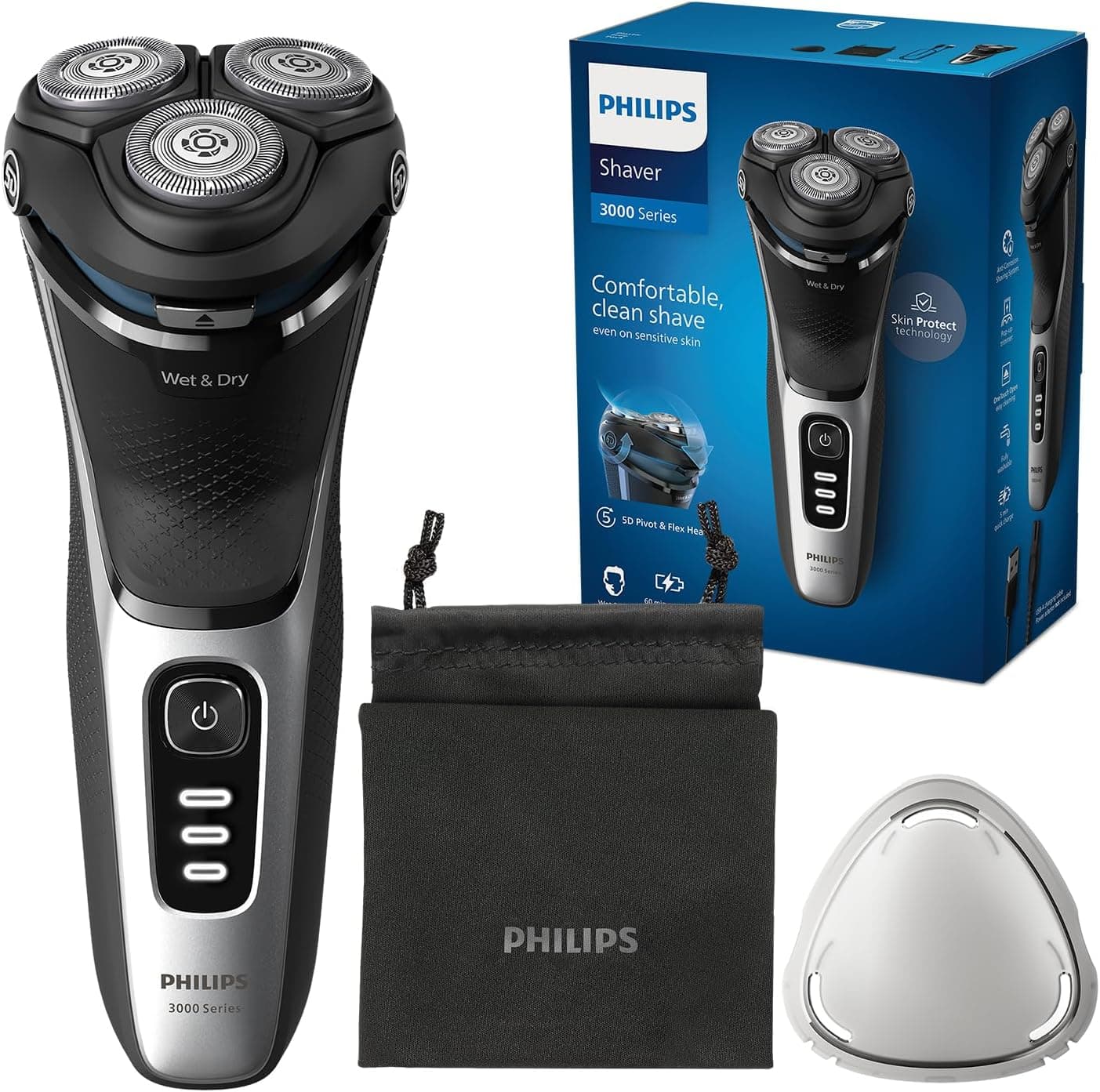 Philips Série 3000 Máquina de barbear elétrica para homem, máquina de barbear com cortinadores, 27 lâminas, cuidado da pele, 60 min de uso, seco e húmido, recarregável, capa, S3241/12, cinzento
