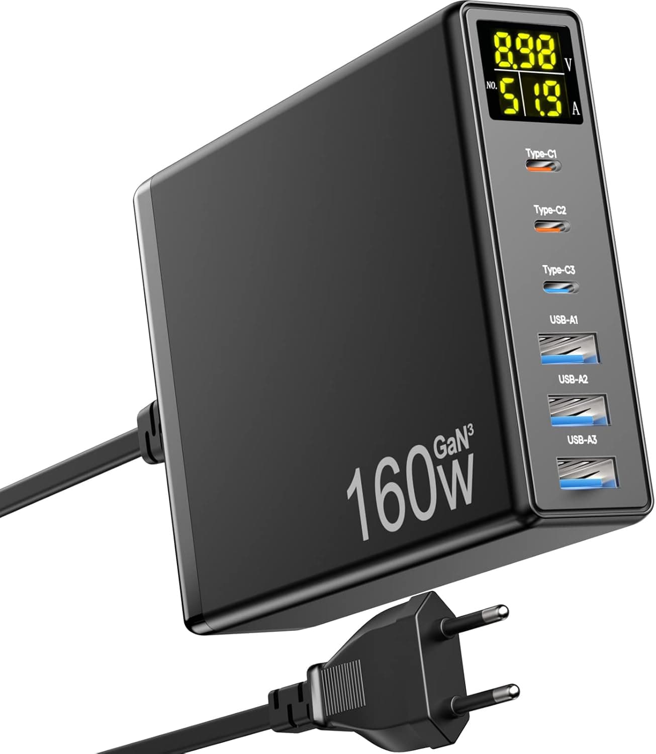 Carregador USB C, 160 W GaN Carregador de 6 portas, carregamento rápido com LED Display, estação de carregamento USB C
