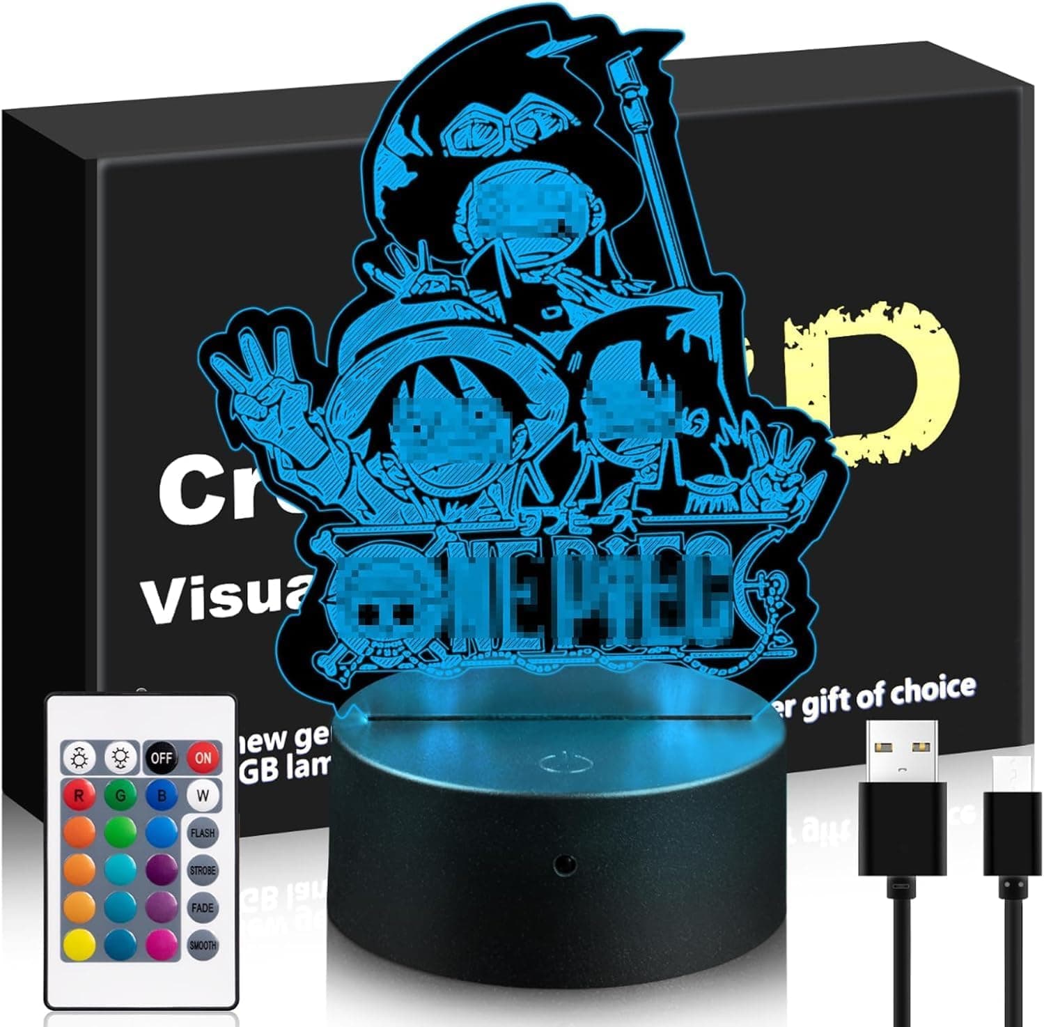 Niaetuto Candeeiro OnePieces, lâmpada LED 3D, luz noturna LED infantil com controlo remoto, 16 cores, lâmpada ótica ilusão, lâmpada manga controlo tátil, quarto mesa deco para menina filho 
