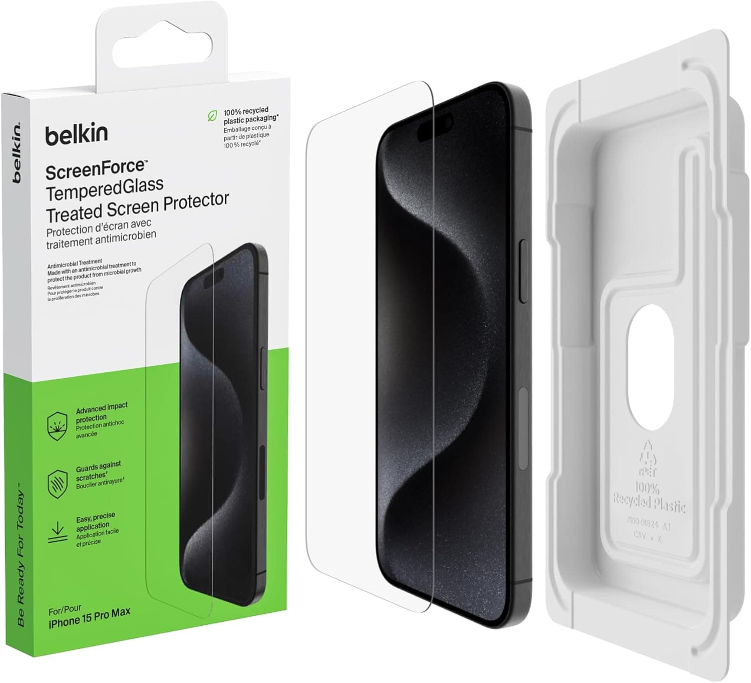 Belkin ScreenForce TemperedGlass | Protetor de ecrã para iPhone 15 Pro Max em vidro temperado com aplicação fácil