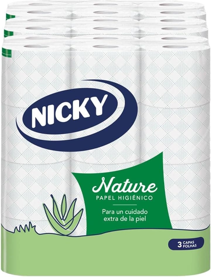 Nicky Nature Papel higiénico, embalagem de 72 rolos, 170 folhas de 3 camadas, confortável e suave com a pele, embalagem reciclável, 100 % celulose, certificação FSC