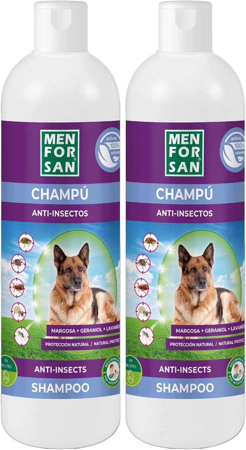 MENFORSAN Champô anti-insetos cães com 3 ativos naturais: Margosa, geraniol e lavandino, verde, 1L x 2