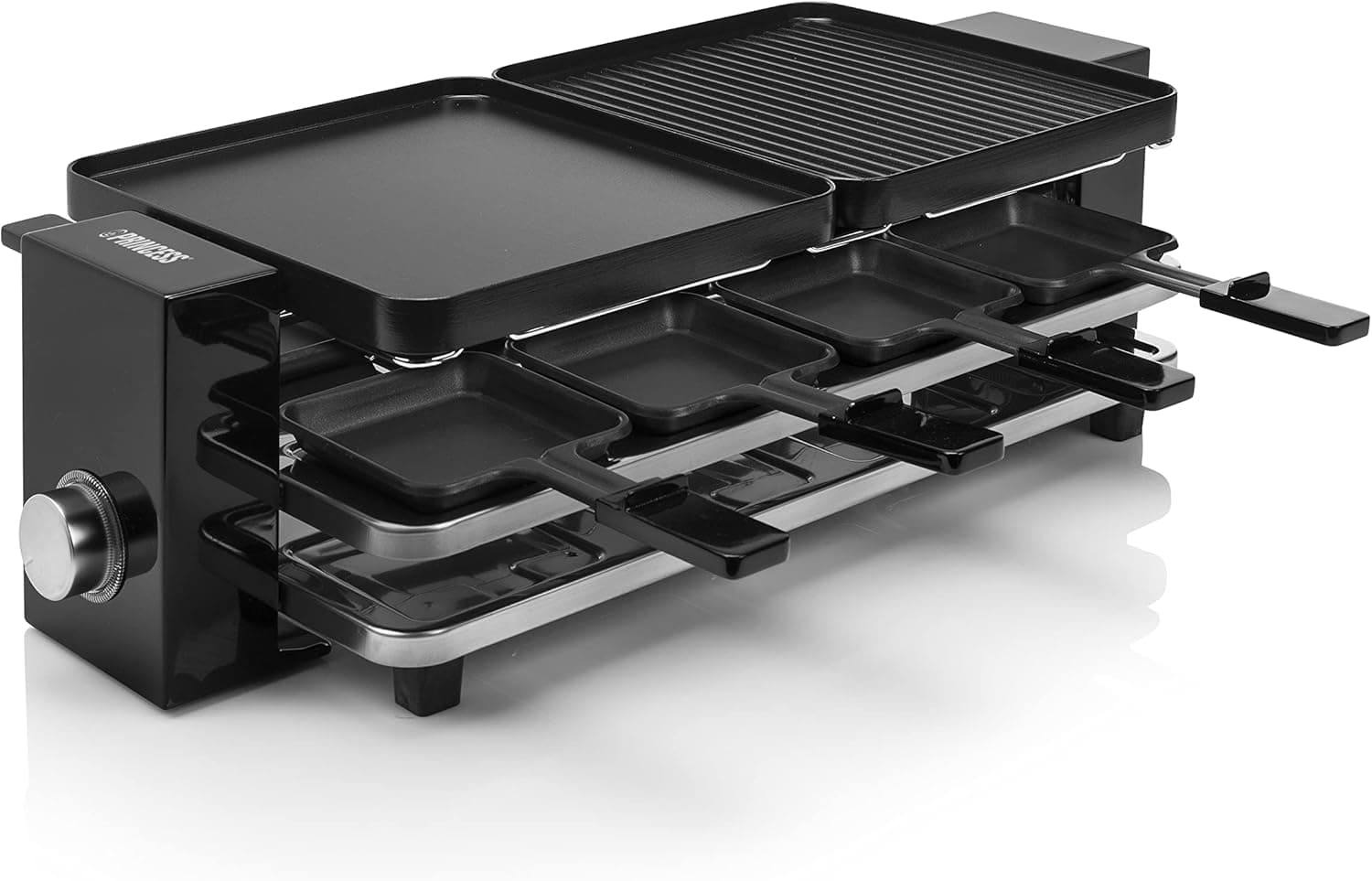 Princess Raclette Piano 8 | Grelhador multifunções para 8 pessoas com placas reversíveis, termóstato ajustável e componentes laváveis na máquina