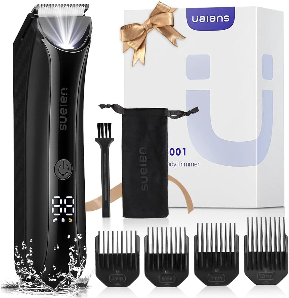 Ualans Máquina de barbear corporal masculina, com luz LED e ecrã, depiladora corporal homem em seco e húmido, peito, pernas e genitais, inclui 4 pentes de fixação, presentes para o dia do pai