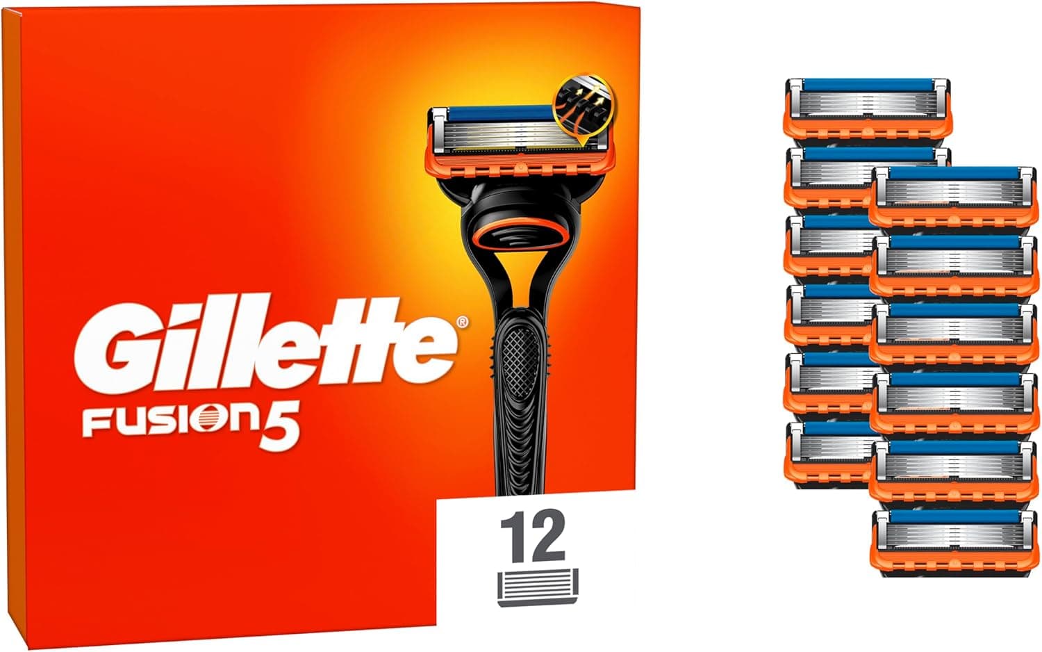 Gillette Fusion5 Pack de 12 peças sobressalentes para máquinas de barbear, lâminas de barbear com 5 folhas, faixa de gel lubrificante e aparador de precisão