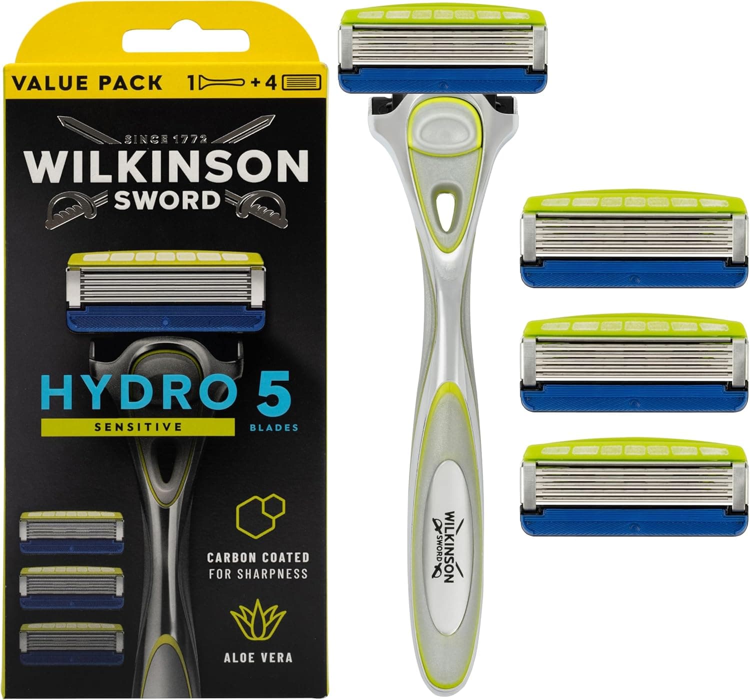 Wilkinson Sword Hydro 5 Skin Protection Sensitive - Máquina de barbear de 5 folhas com 4 peças sobressalentes de lâminas de barbear de 5 folhas enriquecidas com vitamina E, a embalagem pode variar