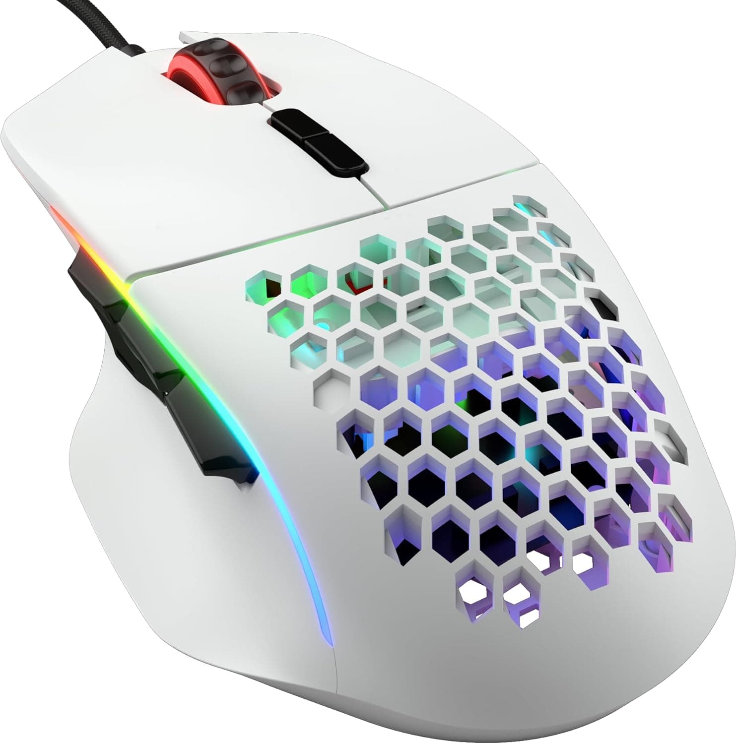 Glorious Gaming Model I rato gaming com cabo - 69 g super leve, 2 botões intercambiáveis, RGB, deslizadores de PTFE, 9 botões programáveis, apoio para os pés lateral - branco