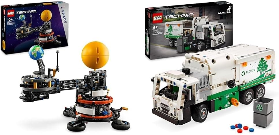 LEGO Technic Planeta Terra e Lua em Órbita brinquedo de astronomia e sistema solar & Technic camião de resíduos Mack LR Electric, veículo elétrico de brinquedo para reciclagem