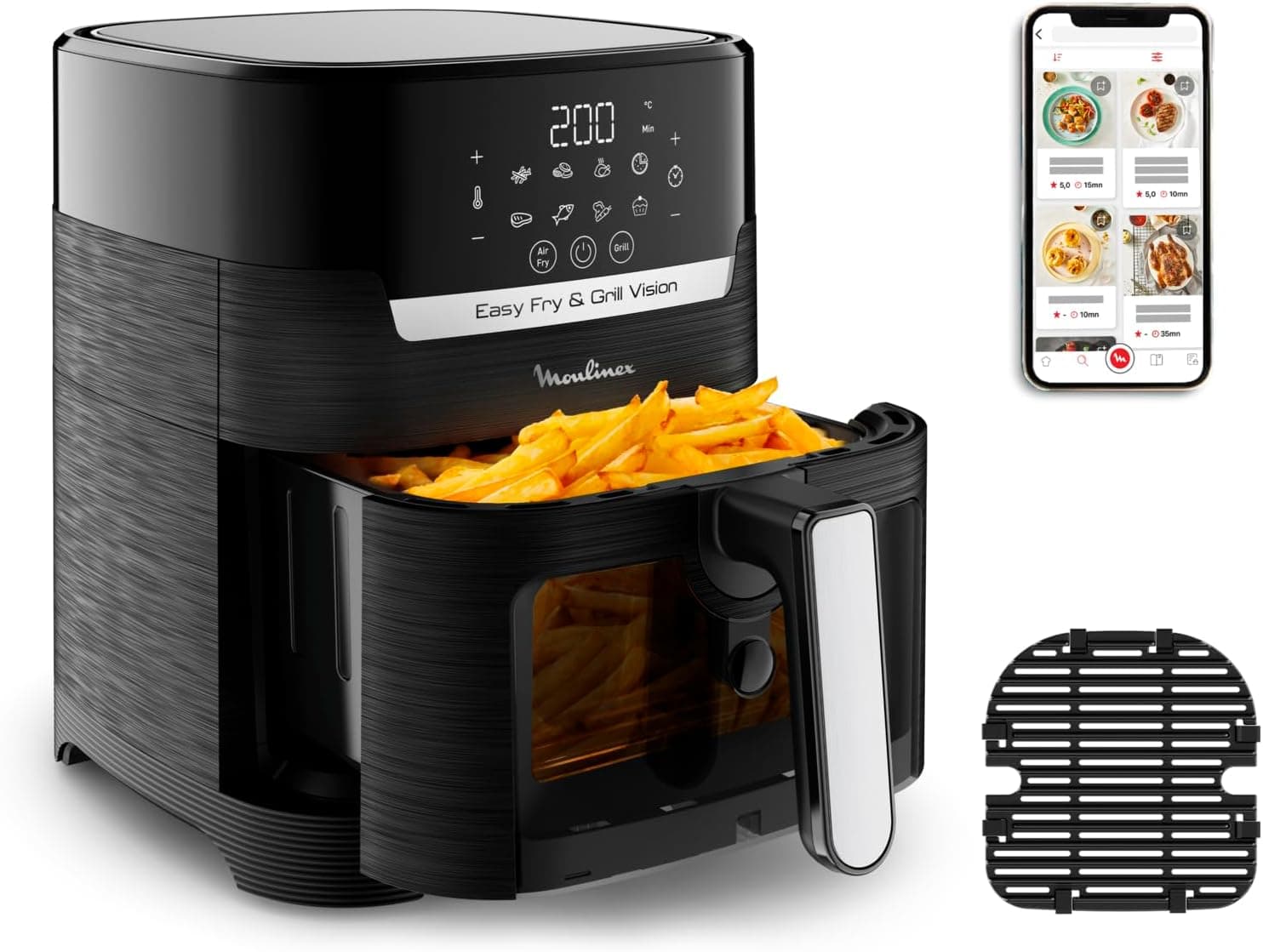 Moulinex Easy Fry & Grill Vision 4,2 l, fritadeira de ar e grill com janela, economia de energia 70%, cozinha rápida, 10 funções, tecnologia extra crisp, preto, EZ5068