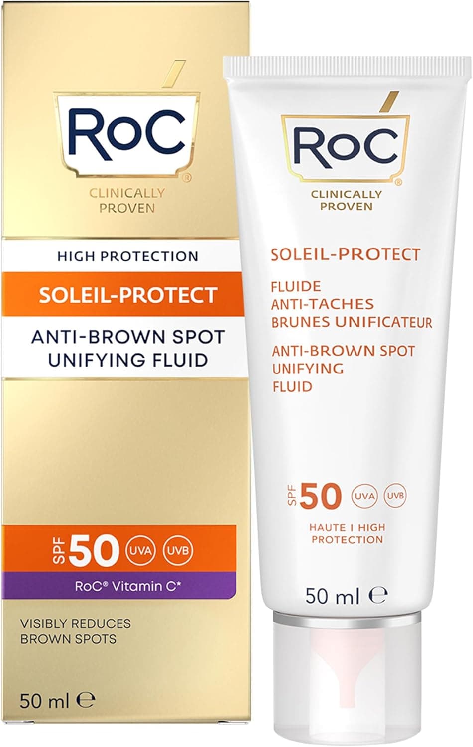 RoC - Soleil-Protect Fluido Unificador anti-mancha castanho SPF 50 - creme hidratante facial com vitamina C - reduz manchas castanhas - 50 ml