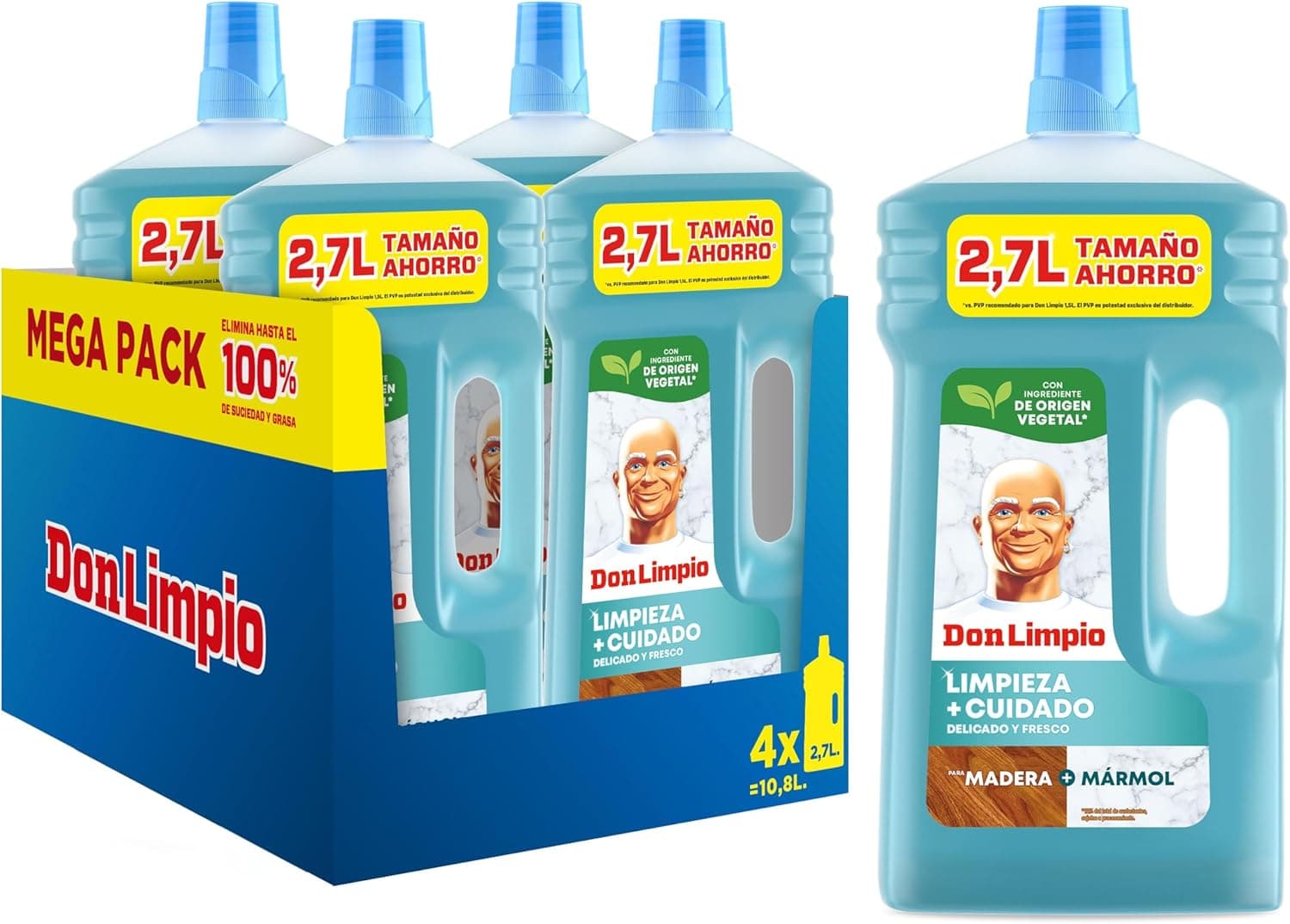 Don Limpio Limpa pisos superfícies delicadas detergente líquido 4 x 2,7 l, esfrega-chão com PH seguro para pisos de madeira, pedra e mármore