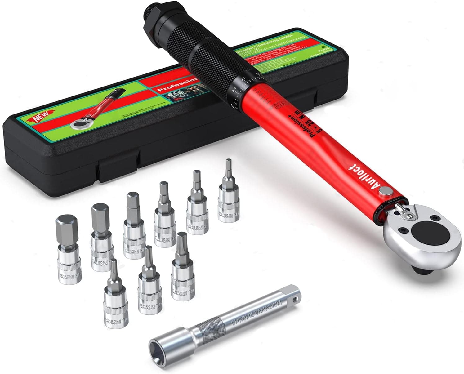 Aurlloct Chave dinamométrica de 1/4" 5-25 Nm, conjunto de chave dinamométrica para bicicleta, motociclo, carro, 11 peças vermelho