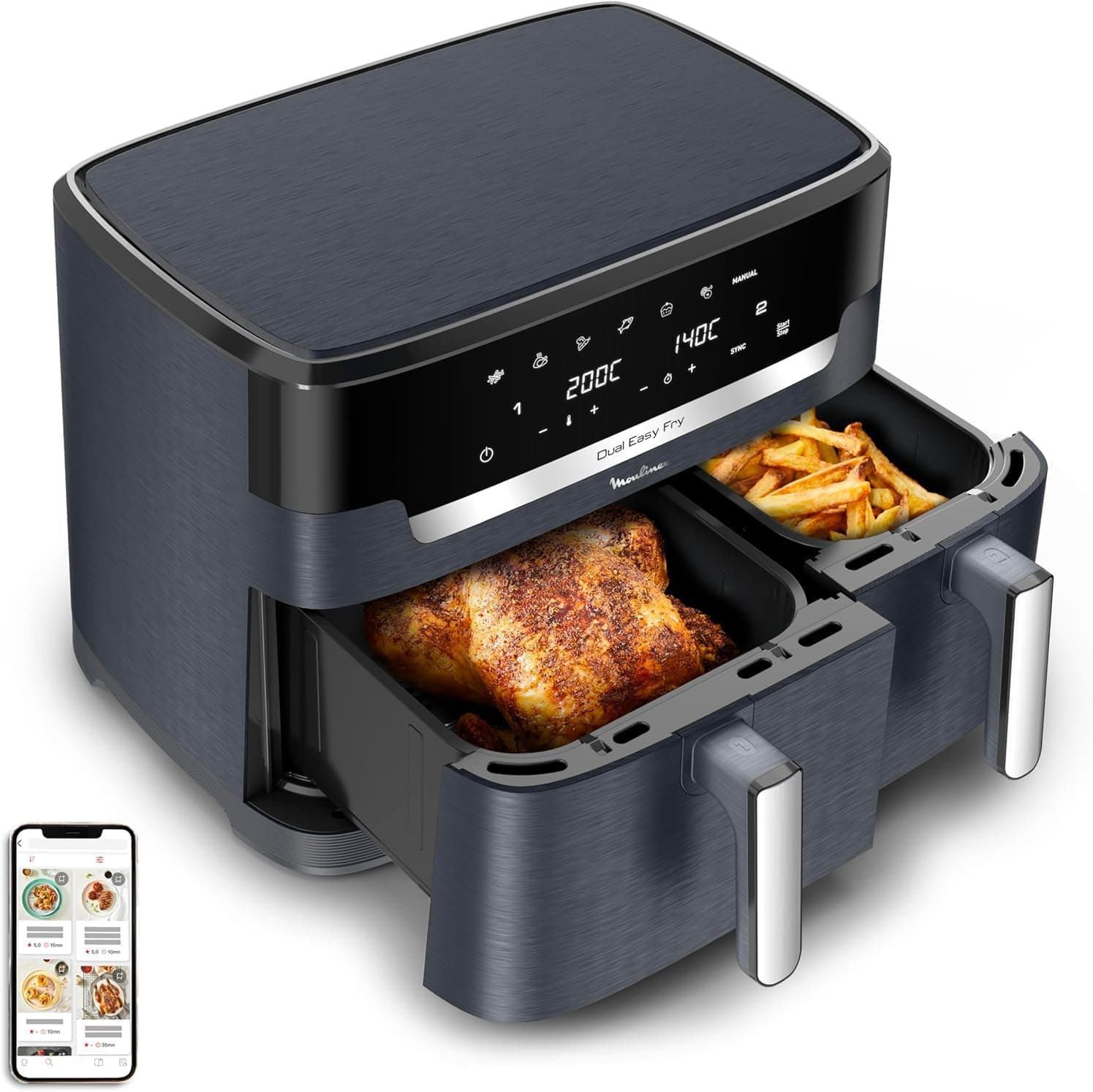 Moulinex XXL Dual Easy Fry 11L: Frigideira de ar de cesta dupla +8 pessoas, duas cestas (6,5 L + 4,5 l), 7 programas automáticos, EZ942BF0