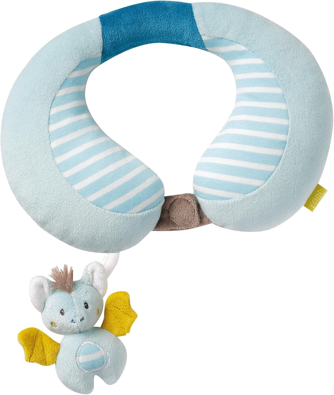 Almofada cervical morcego Fehn - encosto de cabeça ergonómico com um lindo animal chocalho - apoio de cabeça seguro para carro, carrinho e cadeira infantil - para bebés e crianças pequenas a partir