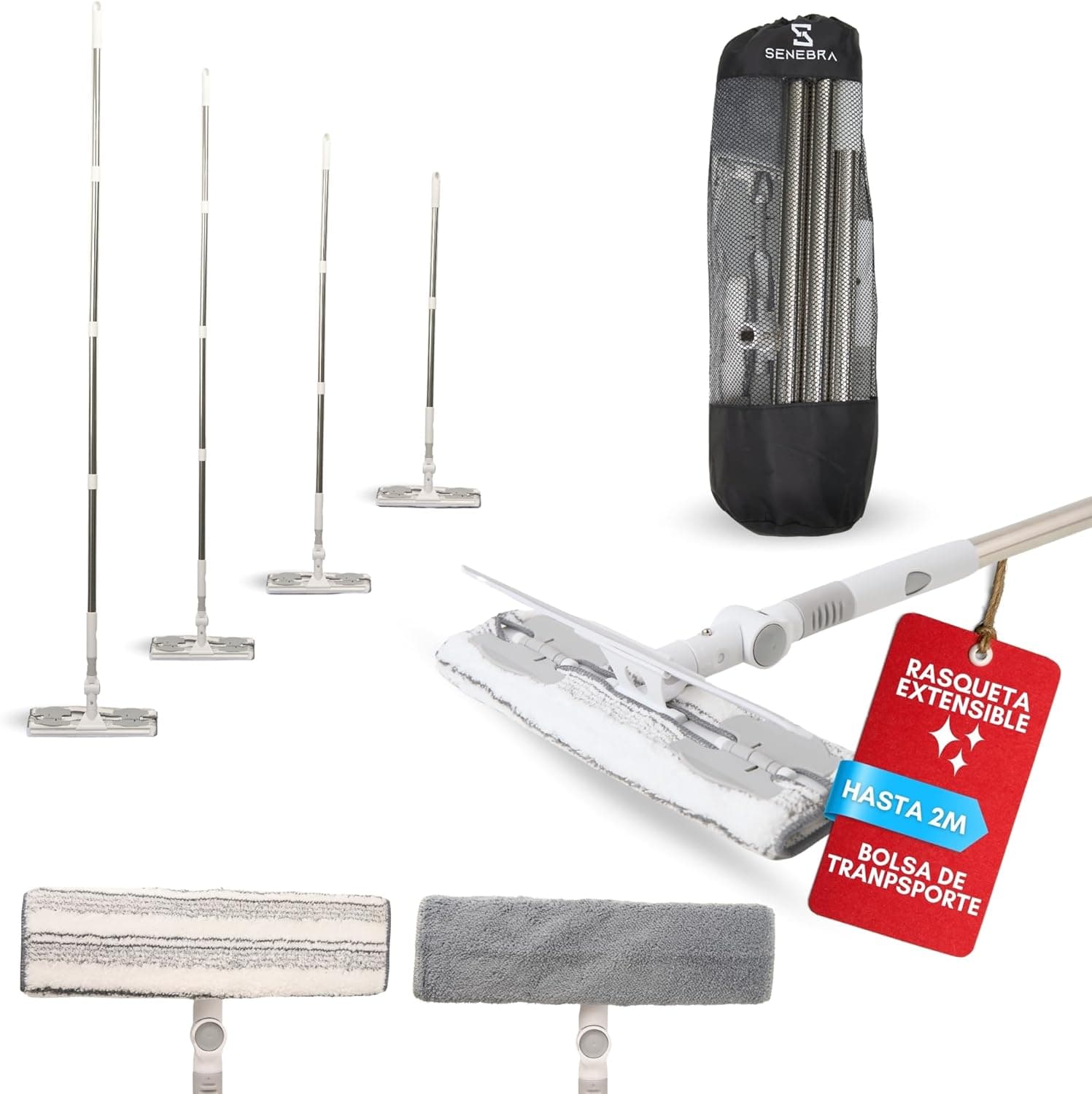 Senebra Kit Limpa cristais profissional com vara longa expansível, 2 em 1 (208 cm) | raspador limpa cristais articulado para janelas, cabeça desmontável para limpar duche