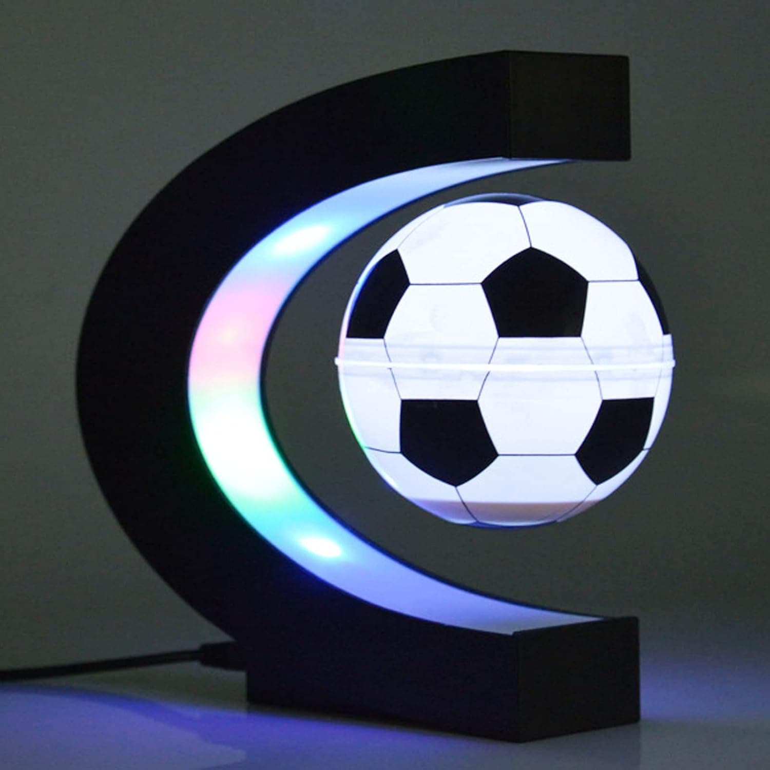 Gugxiom Bola de futebol de levação magnética, bola de elefante com prateleira em forma de C, exposição de futebol com luzes LED para presente de homem, decoração fresca
